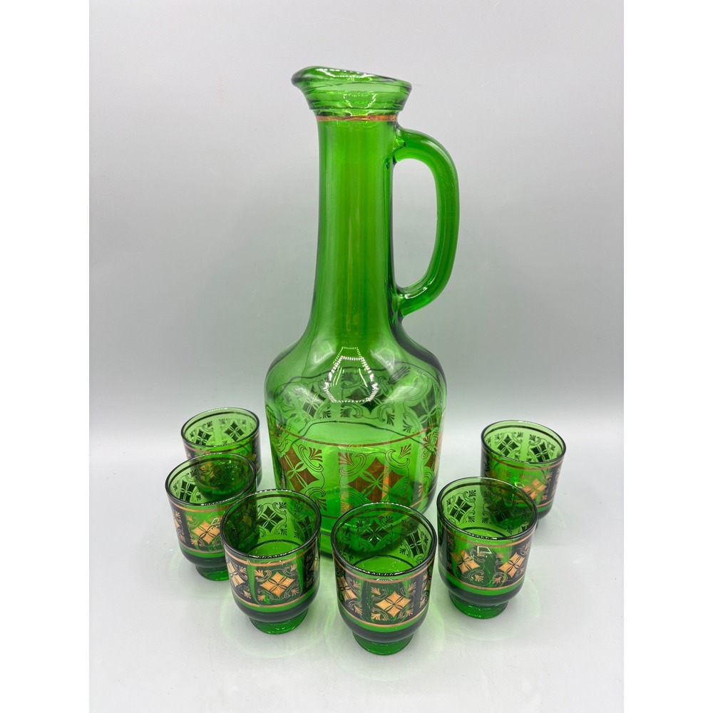 Vintage Green Glass Decanter Set 6 Shot Glasses Gold Geometric Pattern MCM EMPTY